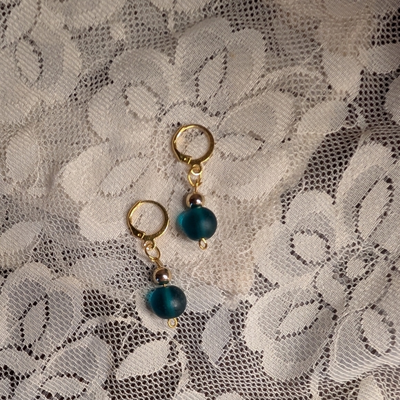 Handcrafted Gold Plated Beads & Teal Sea Glass Beads Pierced Leverback Earrings - Picture 1 of 2
